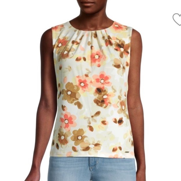 Calvin Klein Tops - Calvin Klein Cream Peach Floral Print Pleated Sleeveless Top